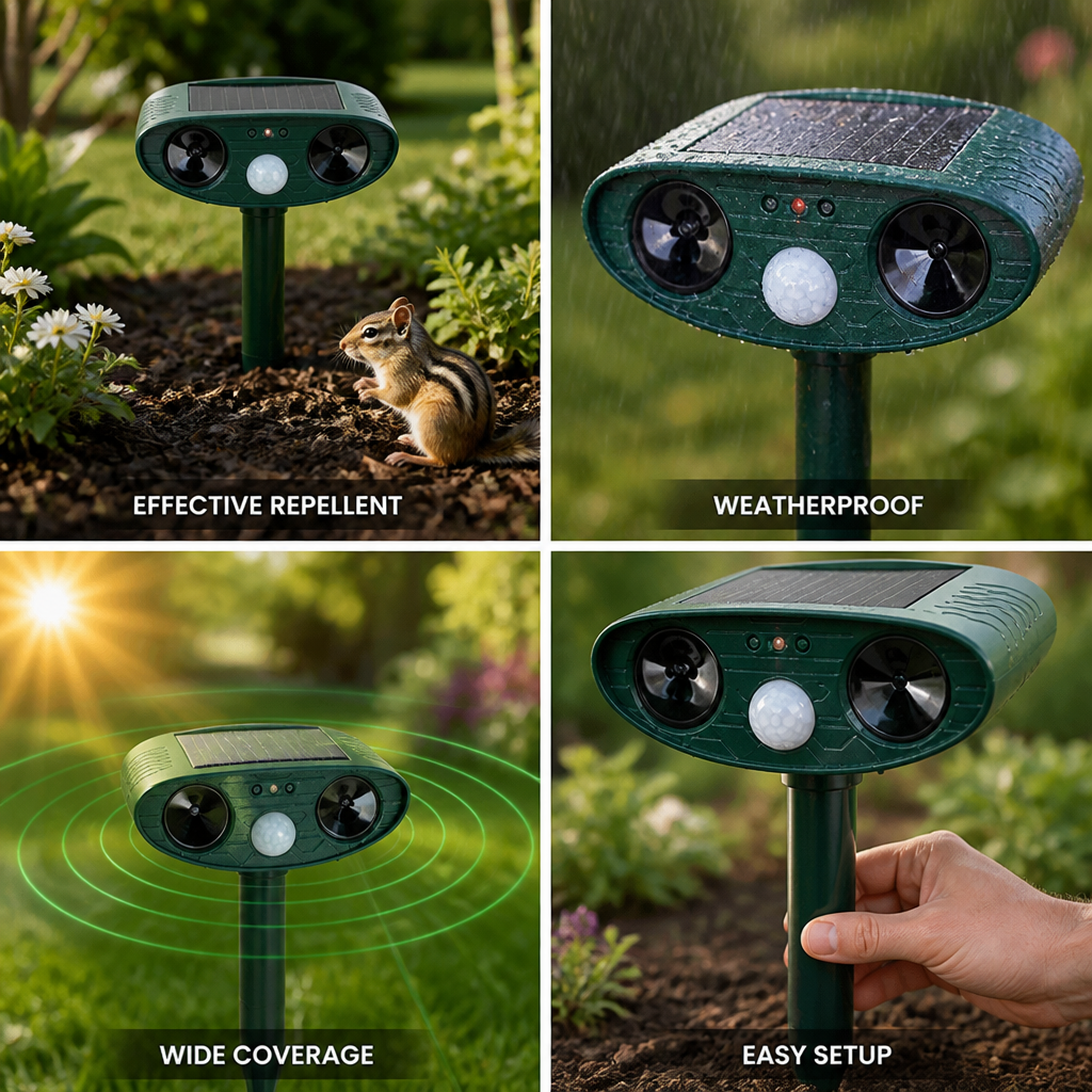 Solar-Powered Ultrasonic Motion-Activated Chipmunk Repeller (2,425 Sq Ft Coverage)