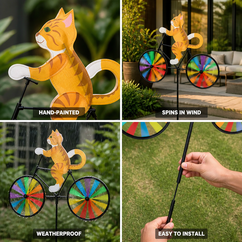 Hand-Painted Weatherproof Spinning Garden Windmill Stake (Cat Figurine)