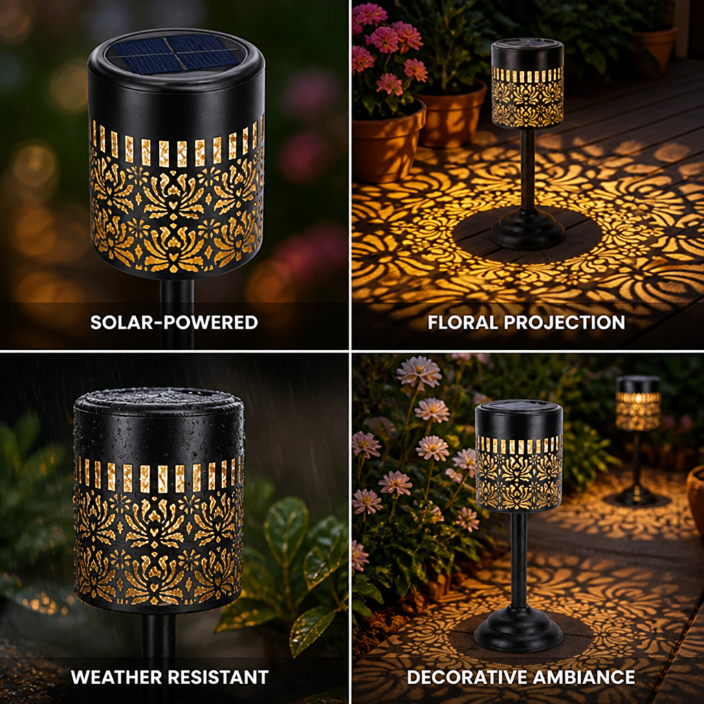 Solar-Powered Metal Filigree Outdoor Lantern (Floral Projection)