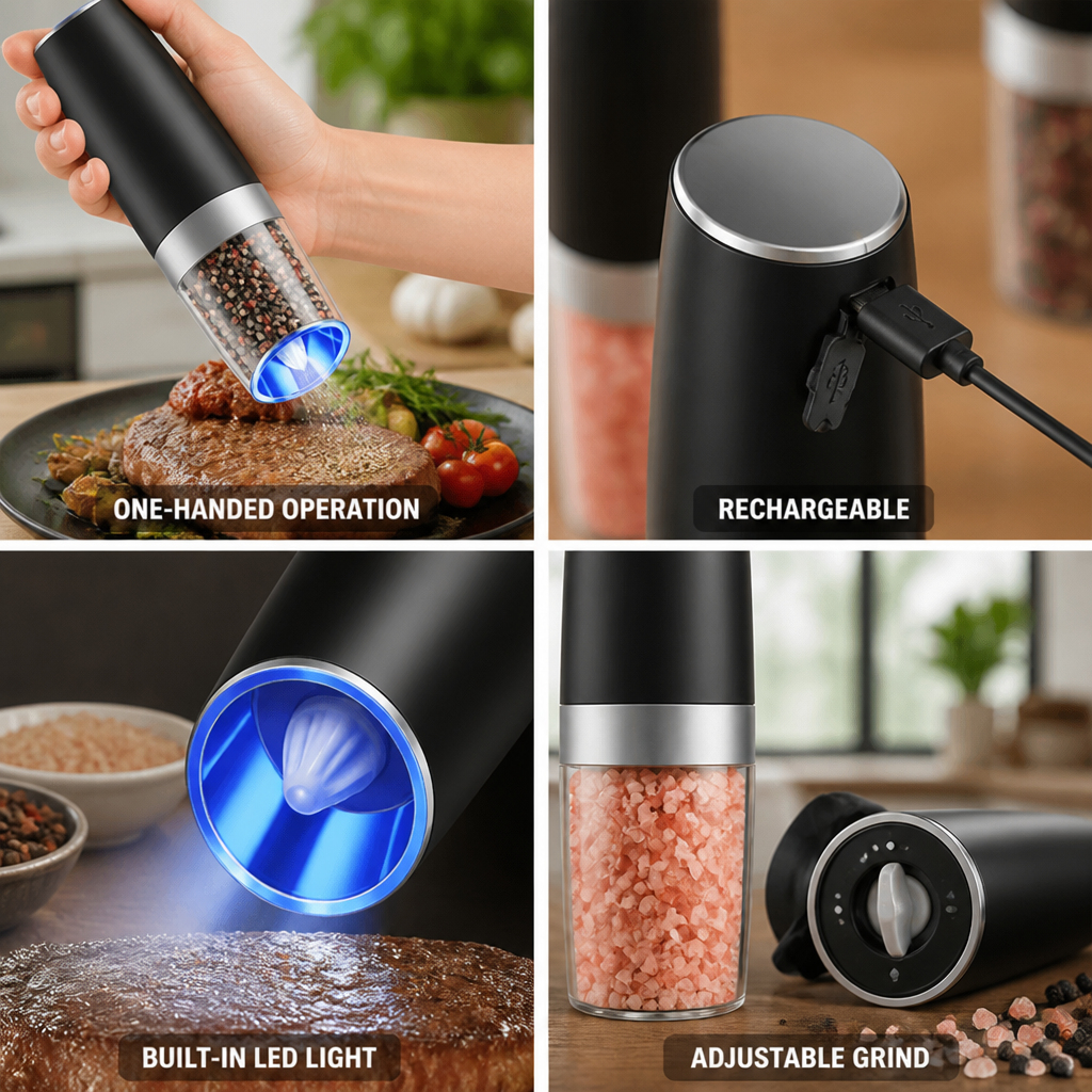 Rechargeable One-Handed Adjustable Grind Pepper & Salt Mill Set (Set of 2)