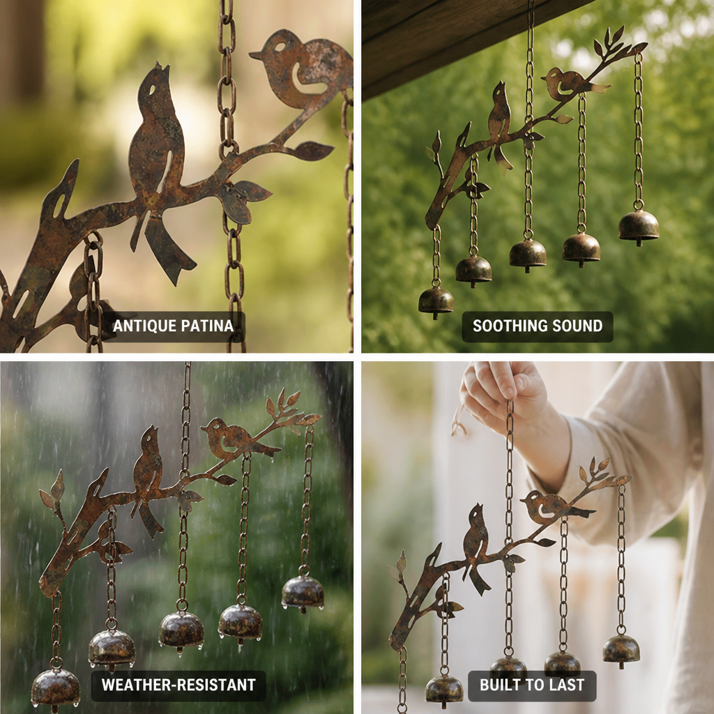 Weather-Resistant Antique Patina Iron Wind Chime (4 Tuned Bells)