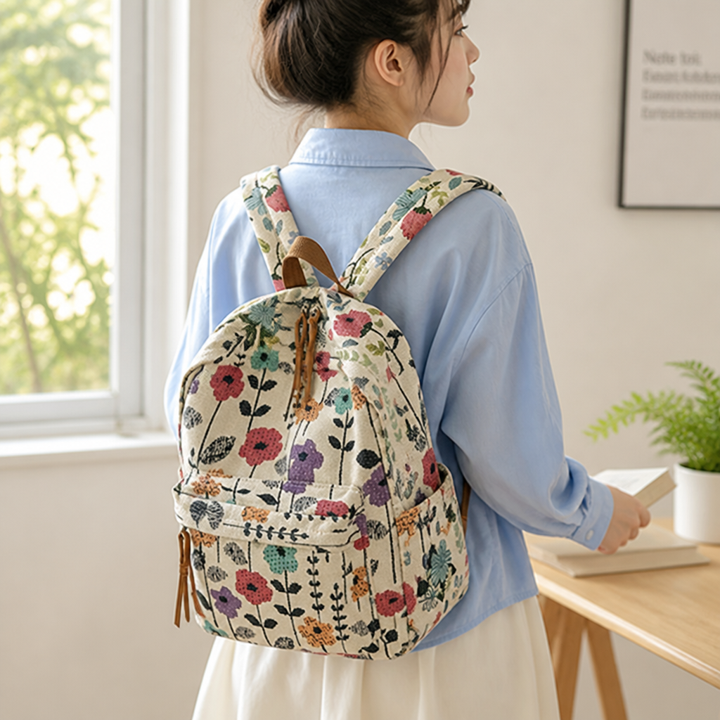 Lightweight Nylon Double-Strap Floral Backpack