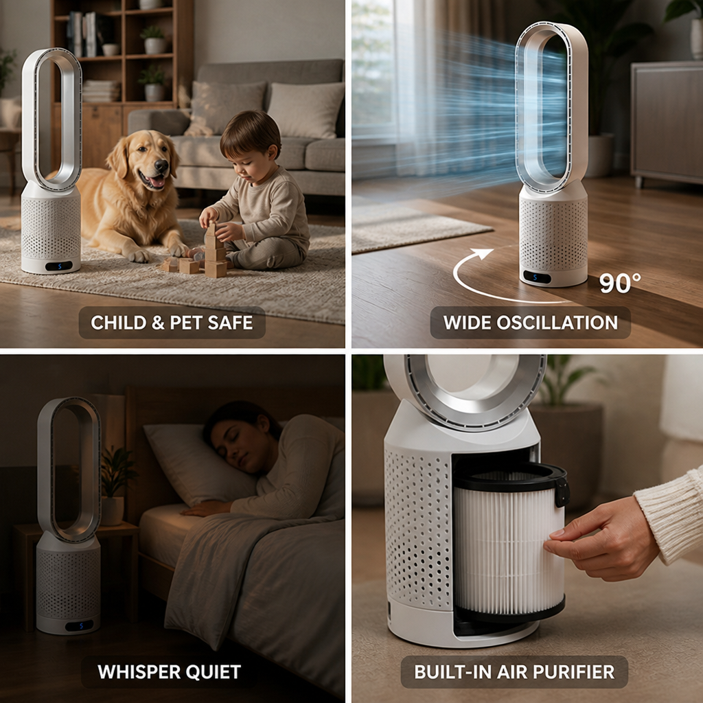 Child-Safe Bladeless Tower Fan (3-in-1 Cooler & Purifier)