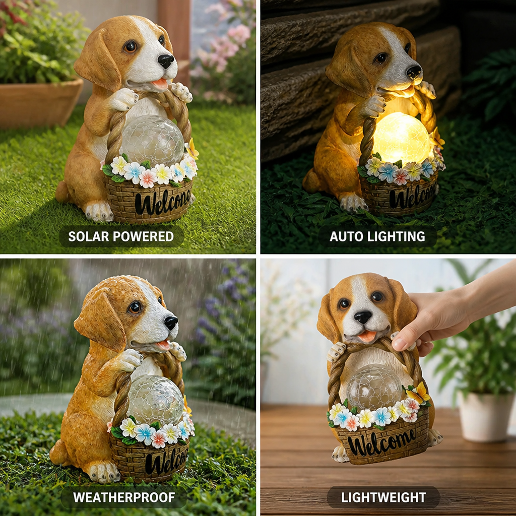 Solar-Powered LED Weatherproof Resin Dog Statue