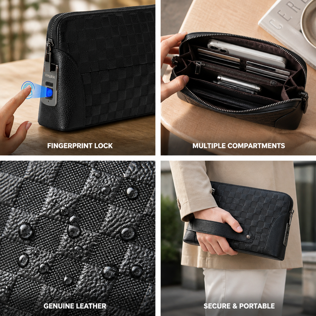 Biometric Fingerprint Lock Multi-Compartment Genuine Leather Handbag