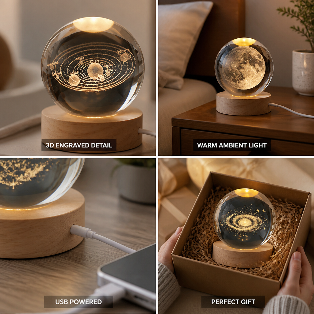 3D Engraved Glass Globe LED Night Light (USB-Powered)