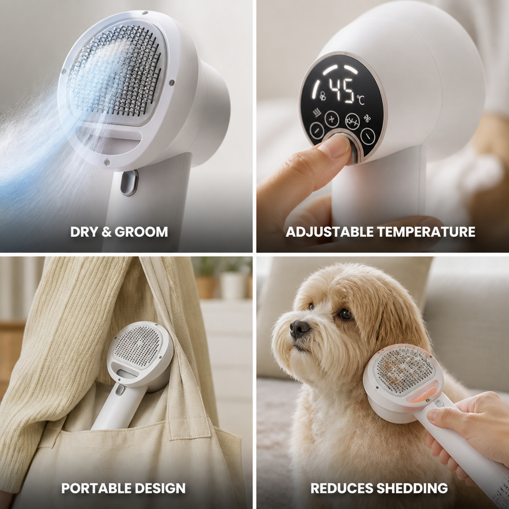 Adjustable-Temperature 2-in-1 Dog Hair Dryer & Slicker Brush