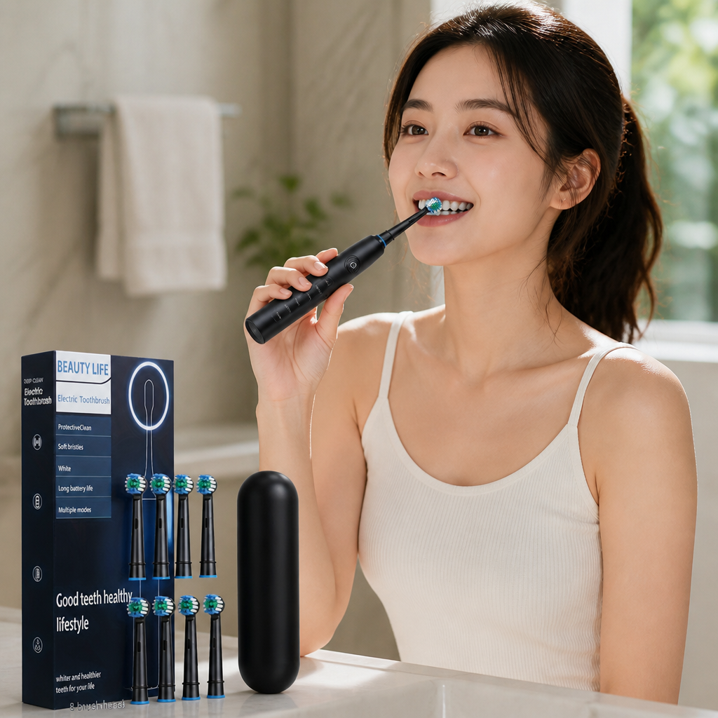 Electric Toothbrush with Rotating Whitening Action – 8 Replacement Heads + Travel Case