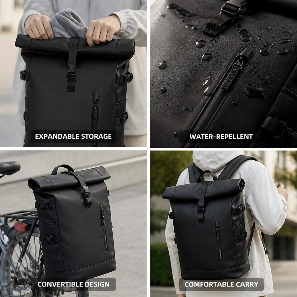 Water-Repellent Roll-Top Convertible Pannier Backpack (18–25L)