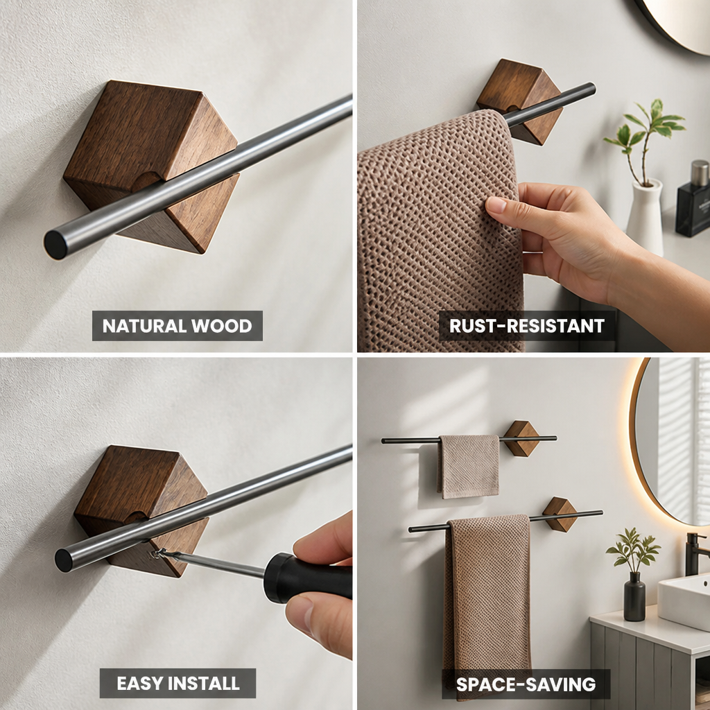 Natural Wood & Stainless Steel Towel Rack (Wall-Mount)