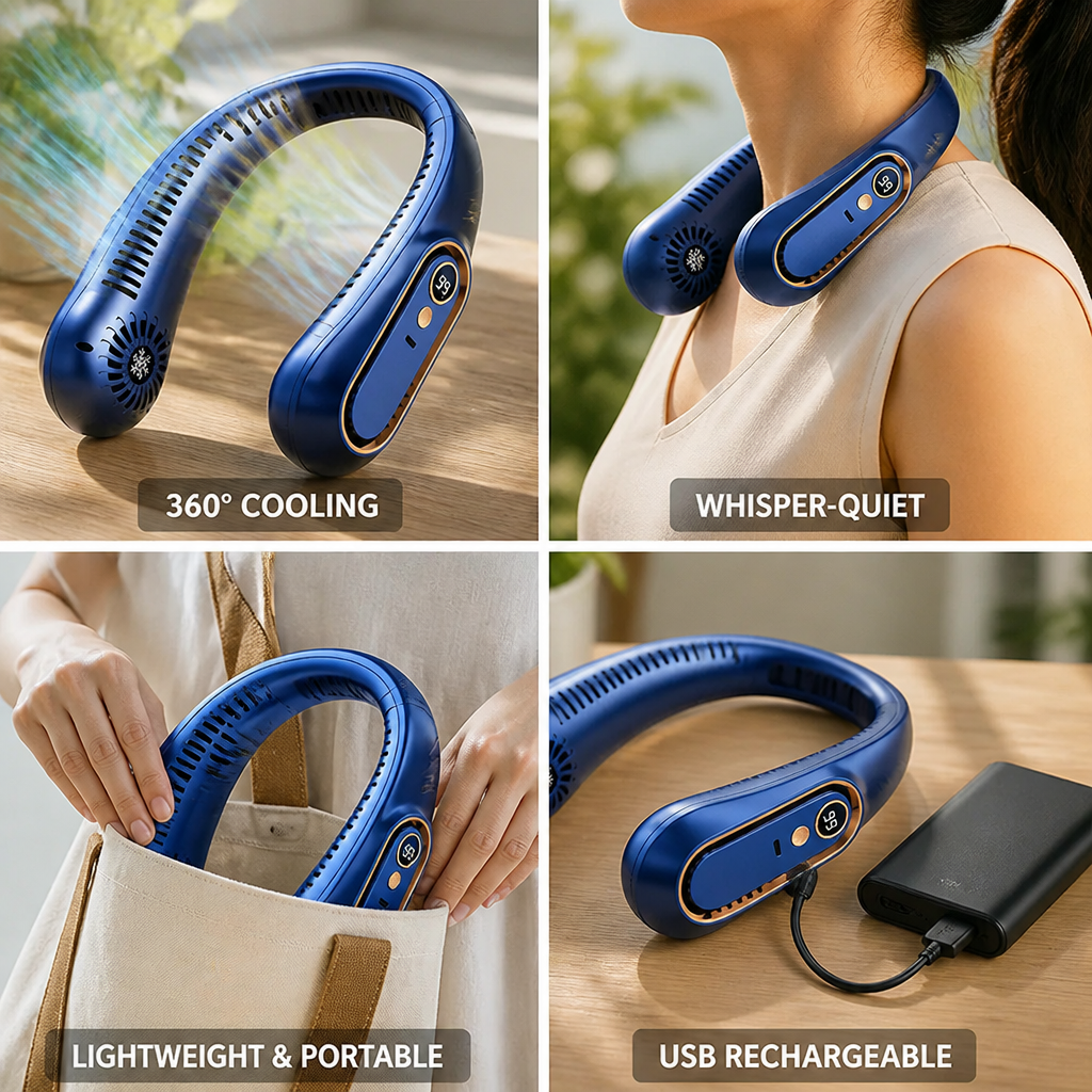 Whisper-Quiet 5-Speed USB-Rechargeable Neck Fan (LED Display)