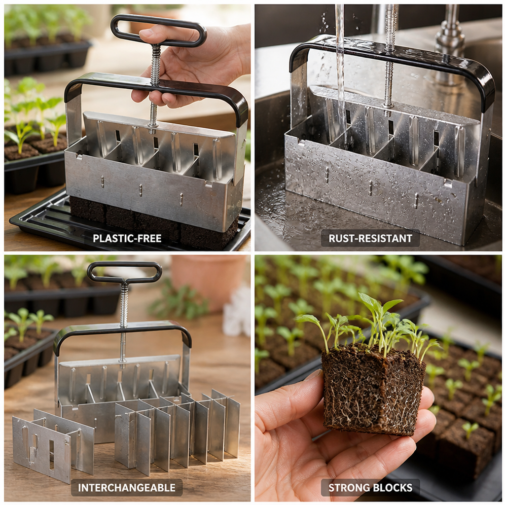 Plastic-Free Stainless Steel Soil Block Press (Interchangeable Inserts)