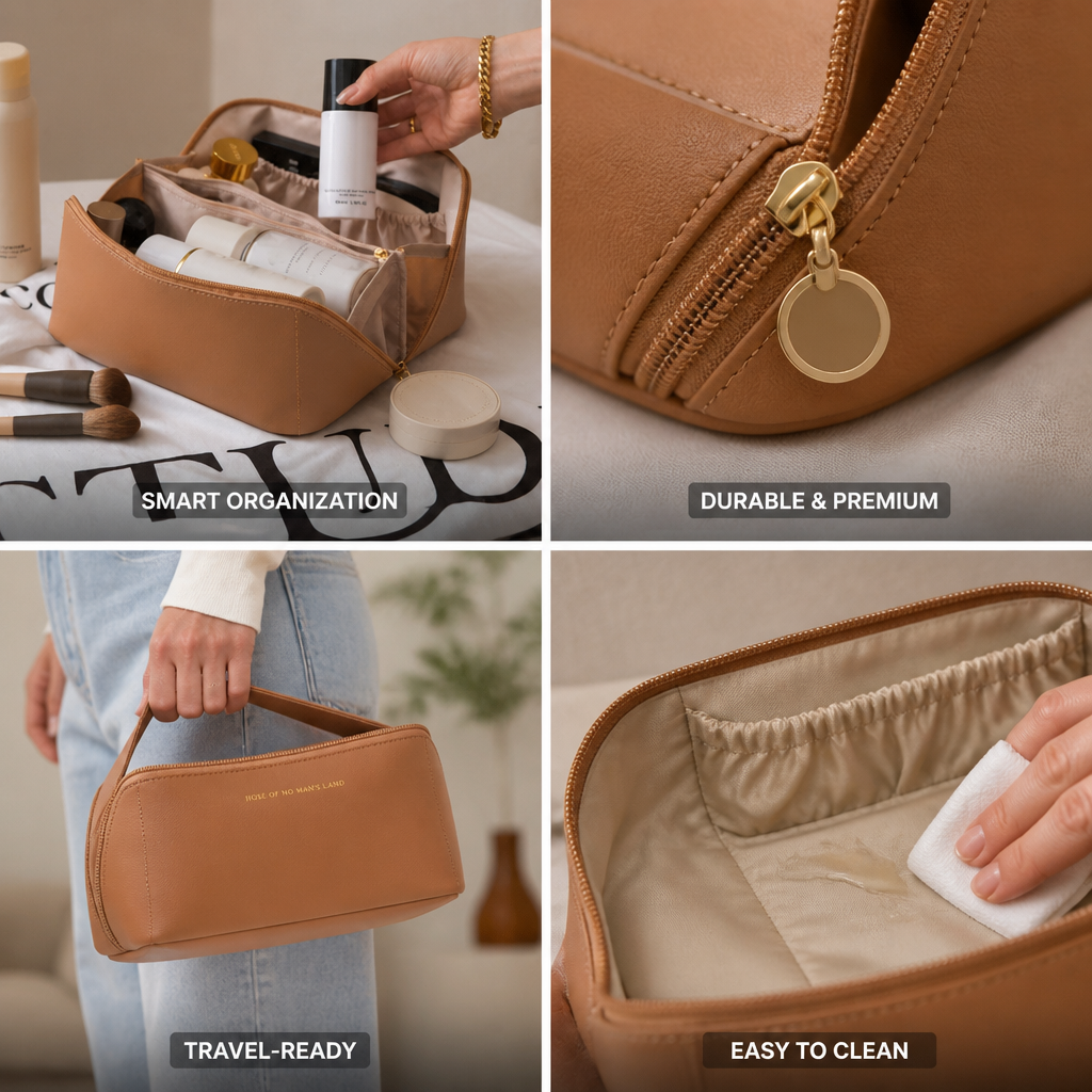 Premium PU Leather Multi-Compartment Cosmetic Bag (Travel-Ready)