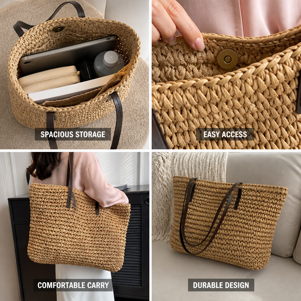 Spacious Woven Tote Bag (Magnetic Closure)