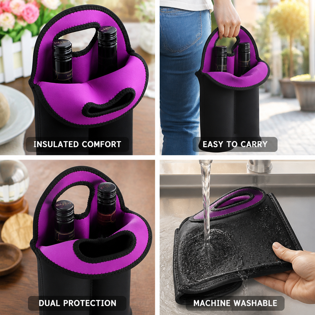 Insulated Neoprene Dual-Bottle Wine Carrier (Holds Two 750ml)
