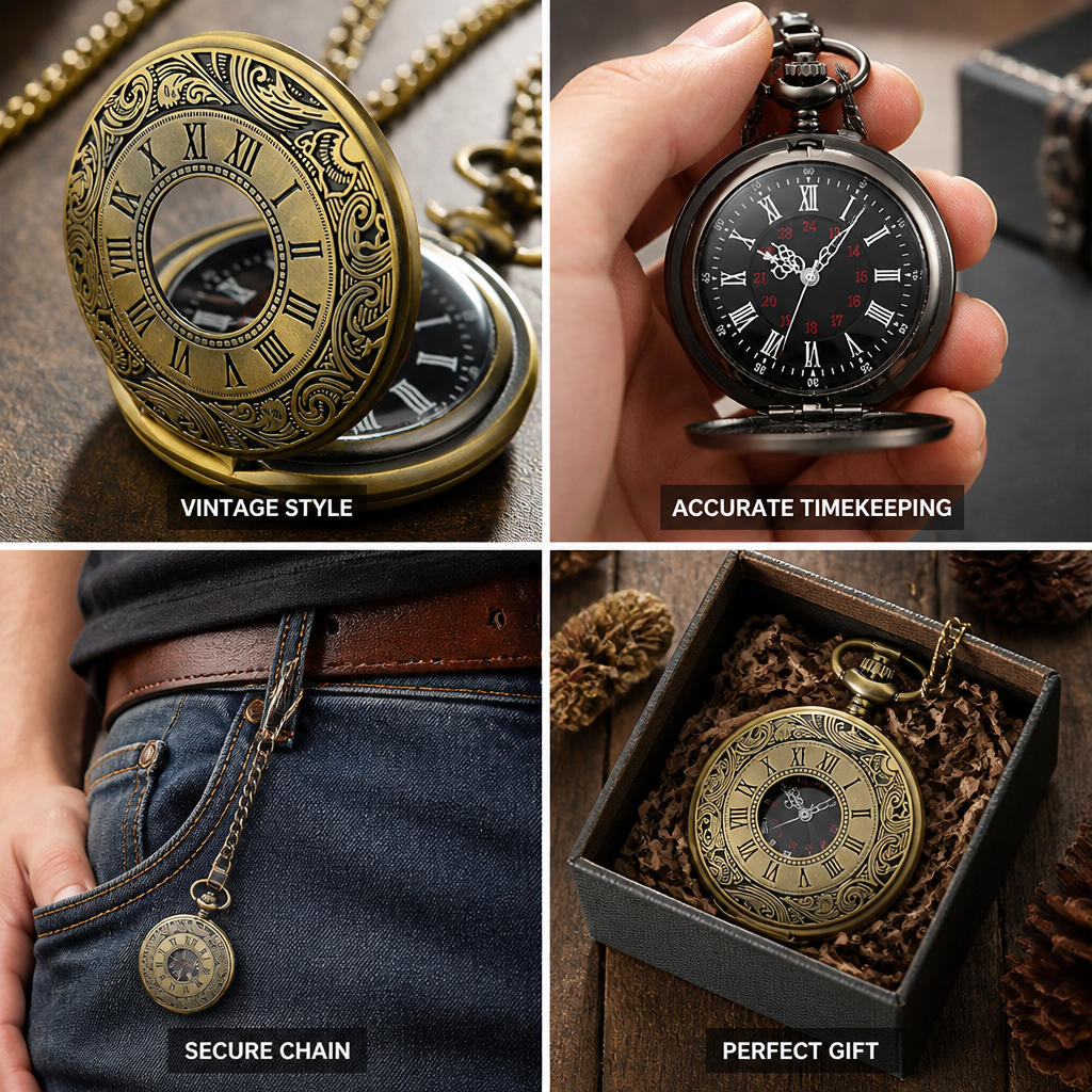 Vintage Roman Numerals & Quartz Pocket Watch (Chain Included)