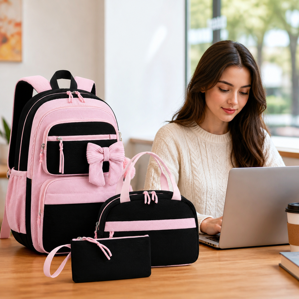 Corduroy Laptop-Ready Backpack Set (Set of 3)