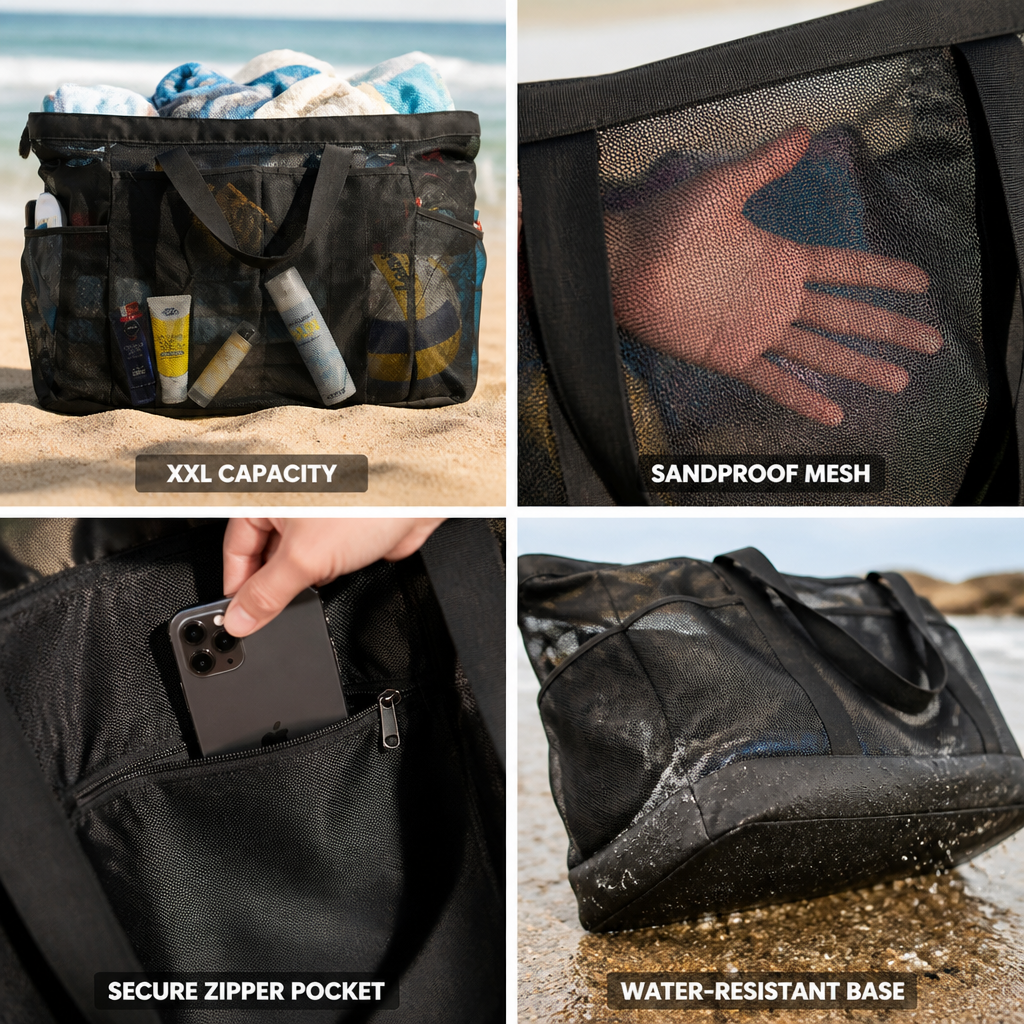 Extra-Large Sandproof Mesh Beach Tote (Water-Resistant Base)