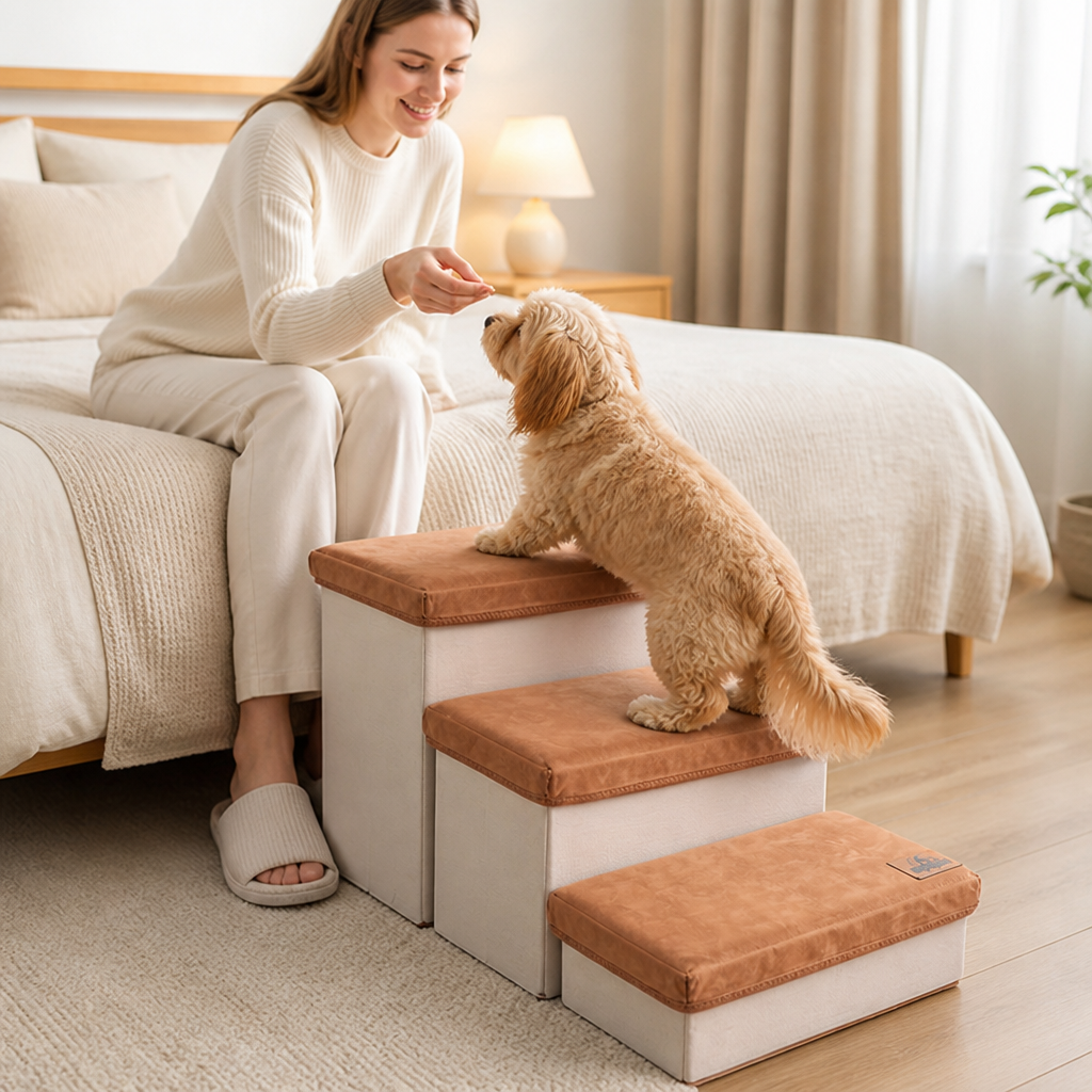 Foldable Plush-Covered Non-Slip Dog Stairs (3-Step)