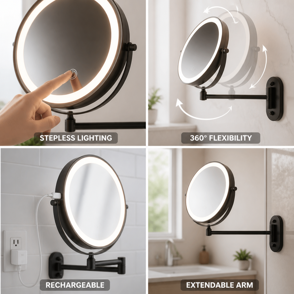 Rechargeable Stepless LED Wall-Mounted Magnifying Mirror (3x–10x)