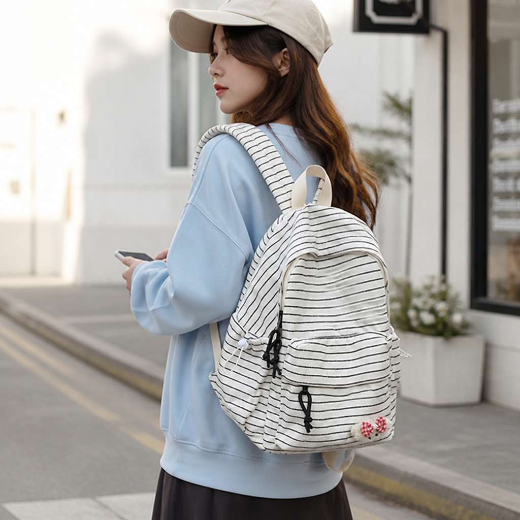 Large-Capacity Korean-Style Striped Puppy Print Backpack