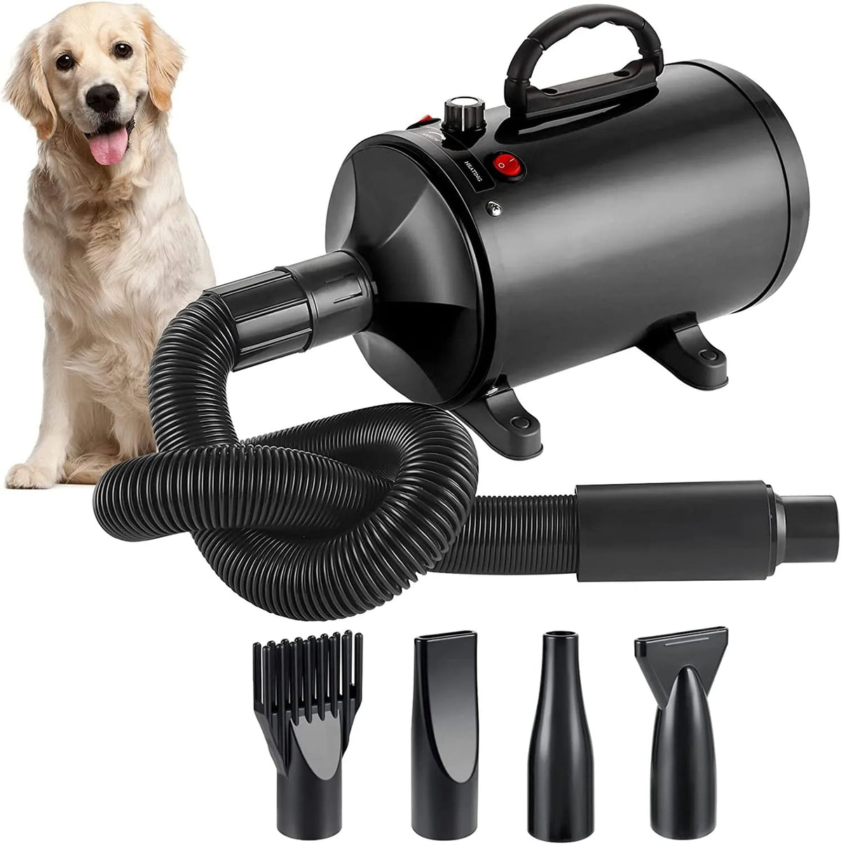 Dog Grooming Dryer with Adjustable Temperature, Dual Speed, Four Nozzles