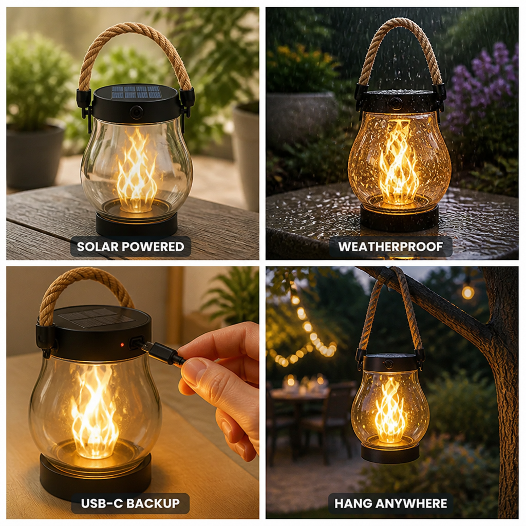 Weatherproof Solar Flickering Flame Garden Lantern (USB-C Backup)