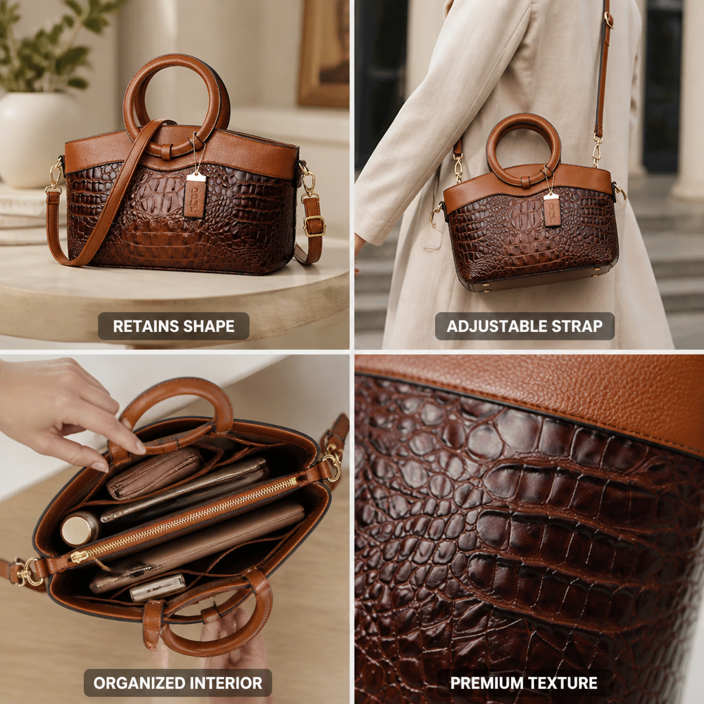 Structured Embossed Top-Handle Bag (Adjustable Strap)