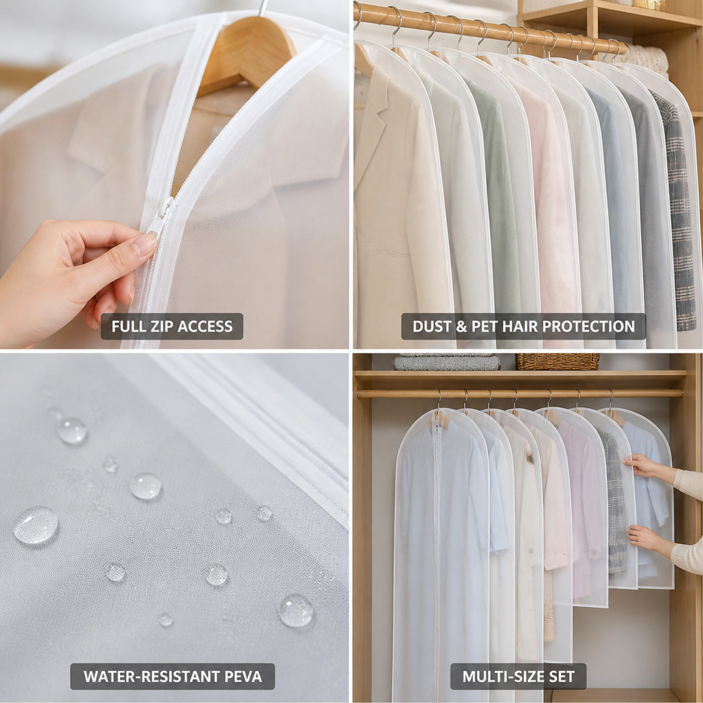 Water-Resistant PEVA Multi-Size Full-Zip Garment Bag Set (24-Pack)