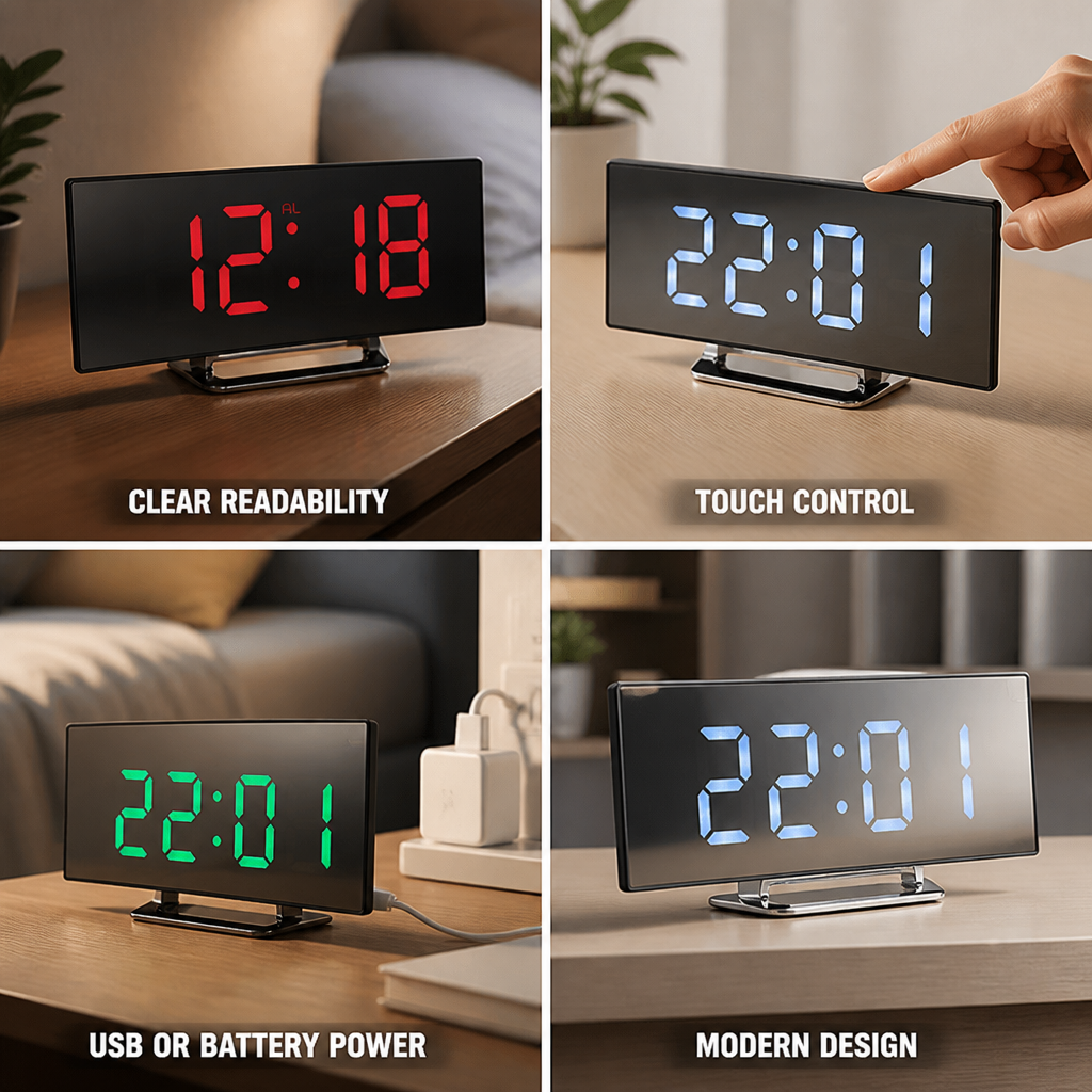 Curved LED Adjustable Brightness Digital Alarm Clock (USB & Battery)