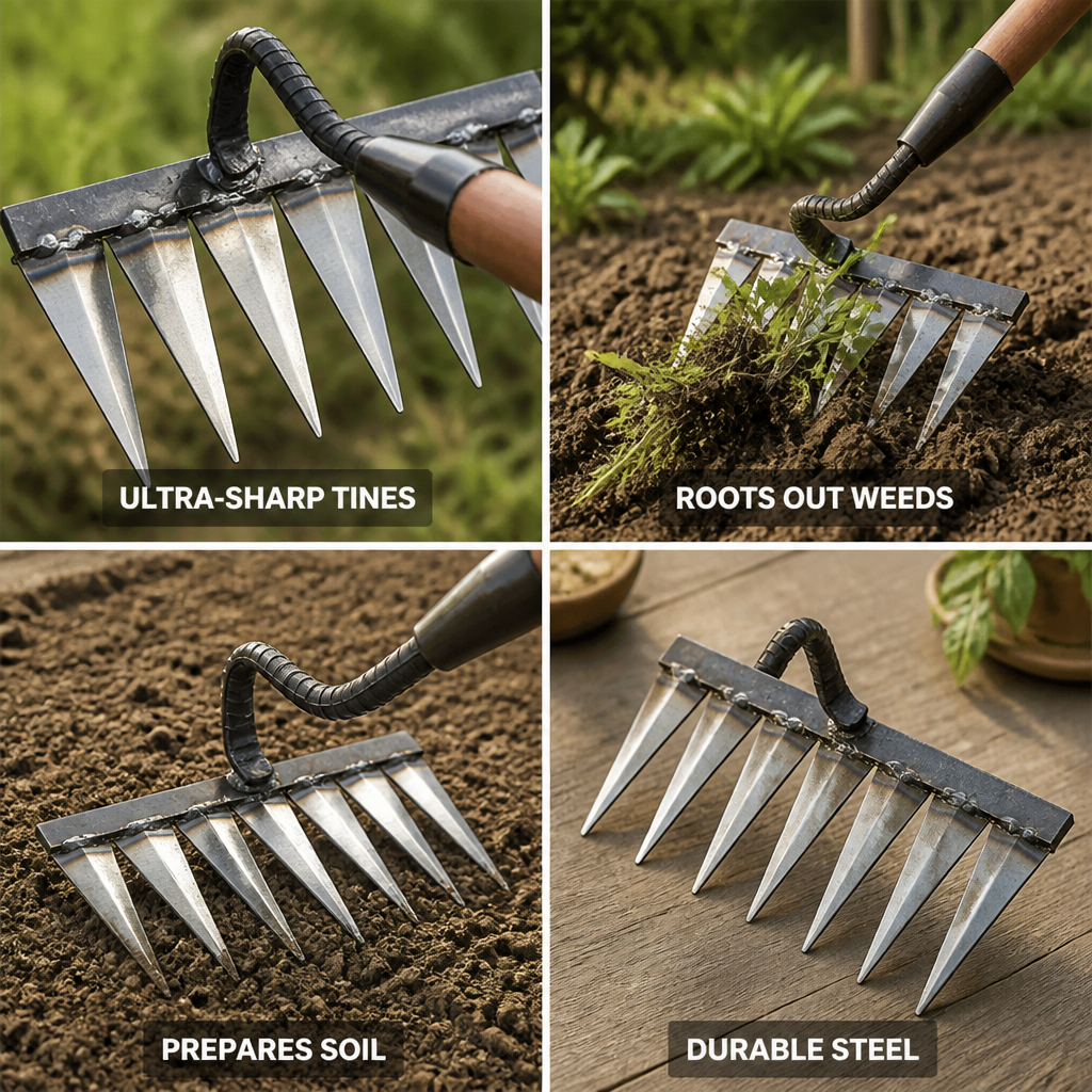 Ultra-Sharp Carbon Steel Garden Rake (4–7 Tines)