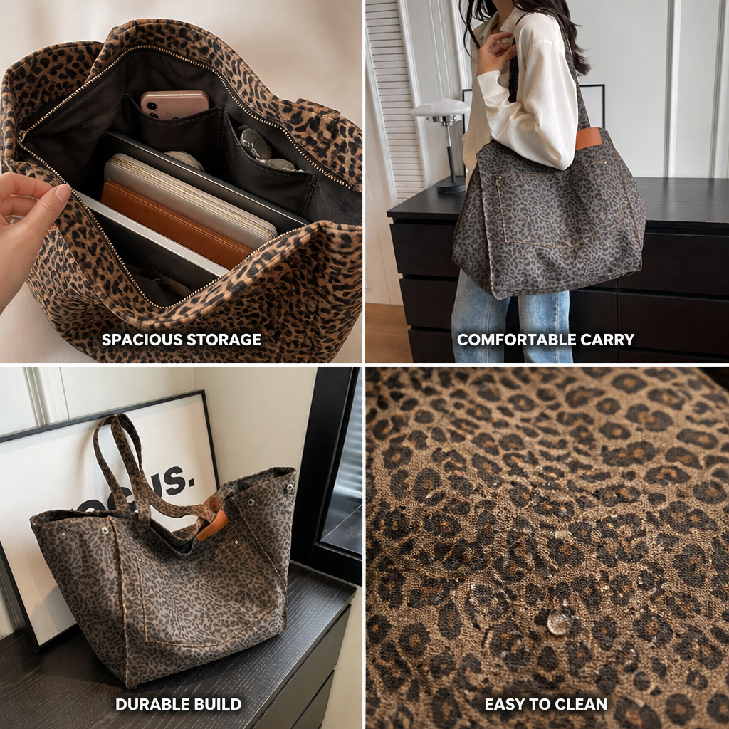 Leopard Print Multi-Pocket Handbag
