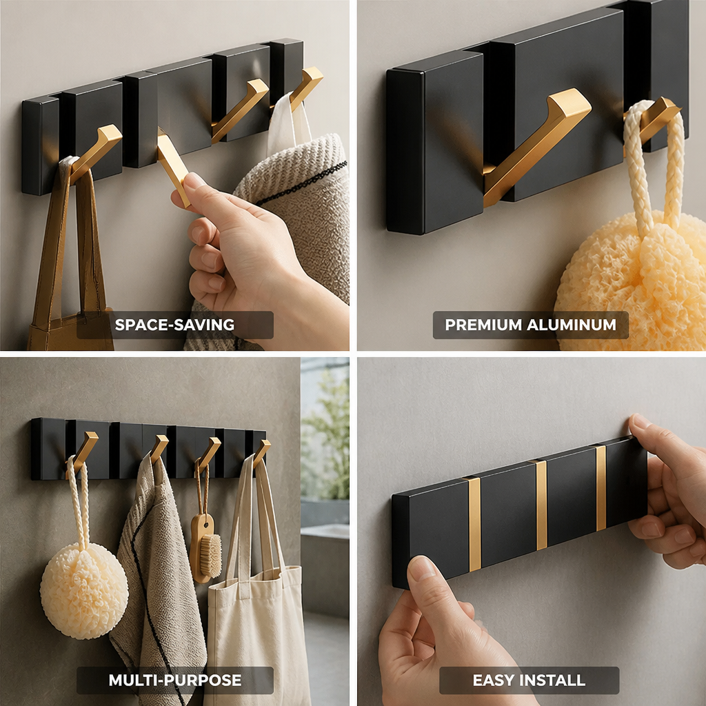 Space-Saving Foldable Aerospace Aluminum Wall Hook (2–6 Hooks)