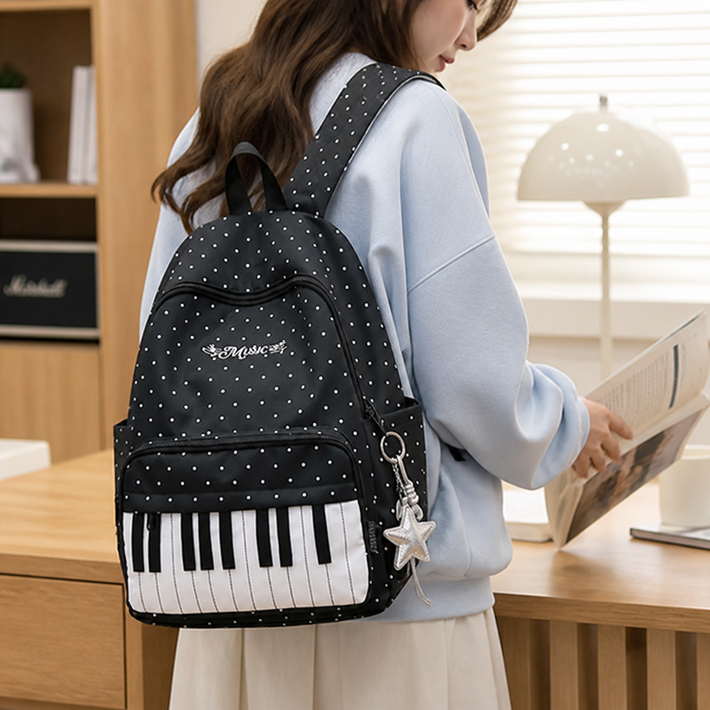 Large Capacity Multi-Compartment Kids Piano Polka-Dot Backpack