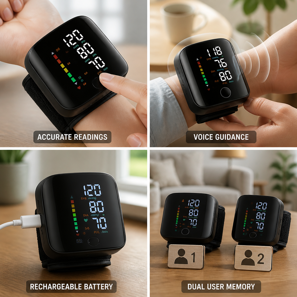 Backlit LED & Voice-Guided Rechargeable Wrist Blood Pressure Monitor (2-User Memory)