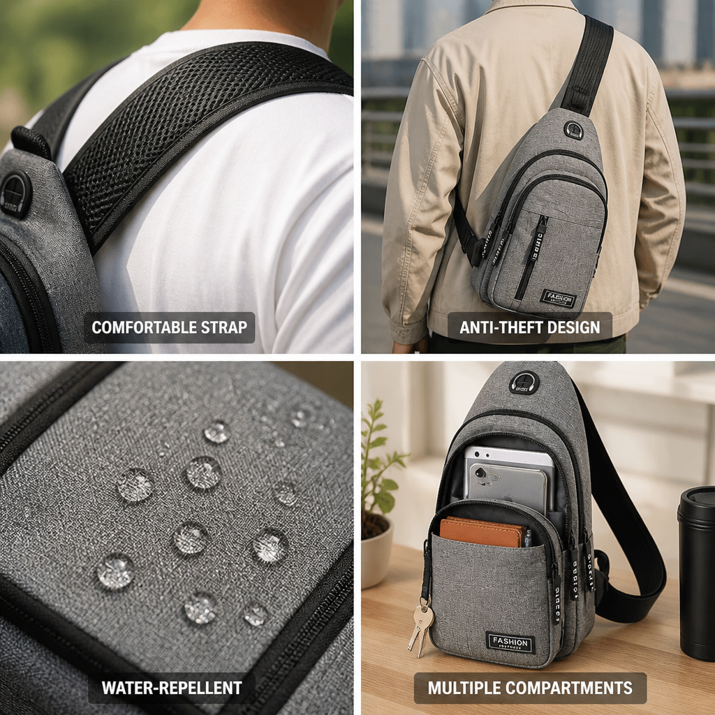 Multiple-Compartment Water-Repellent Sling Bag (USB Port)