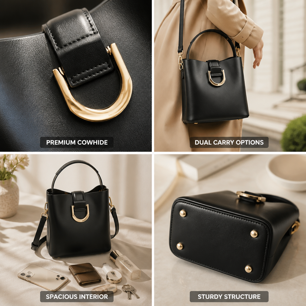 Premium Cowhide Structured Bucket Handbag (Detachable Strap)