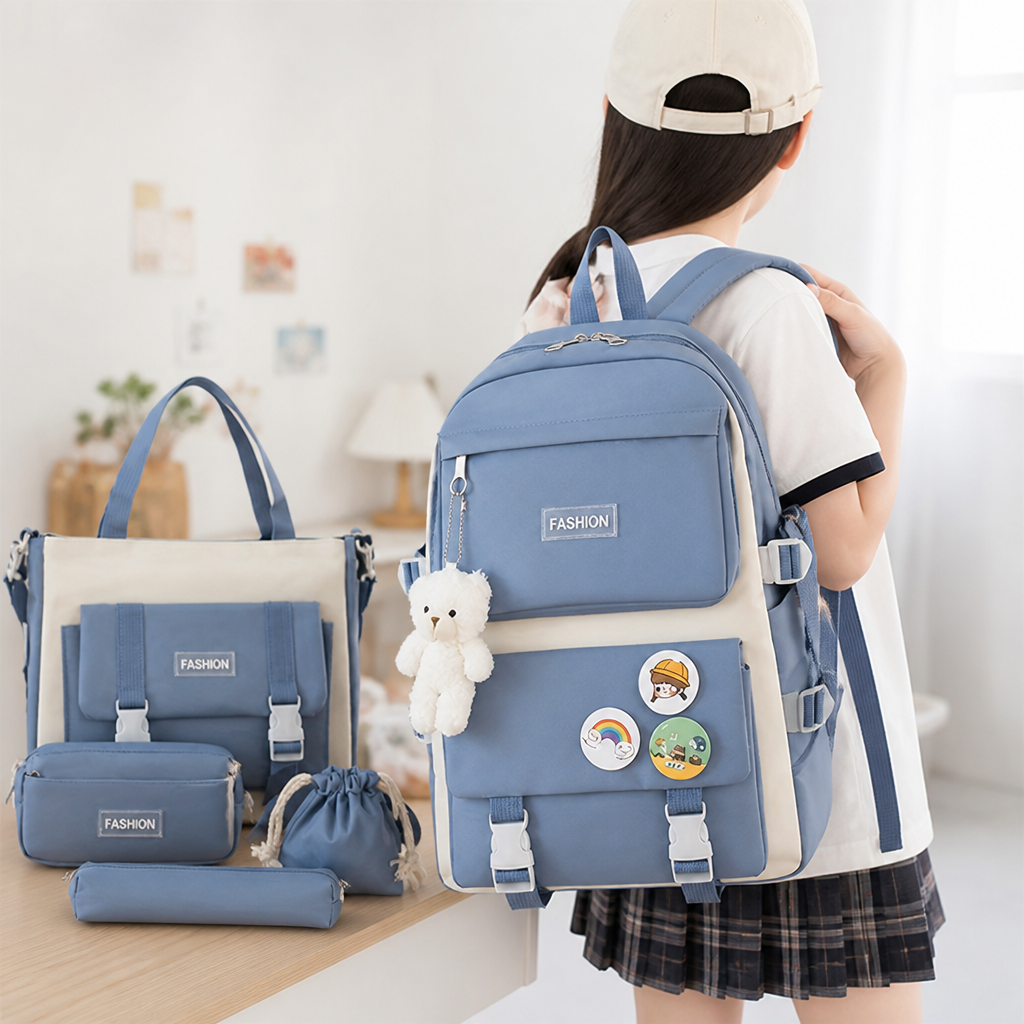 Plush Bear & Badge Kids Backpack Set (5-Piece)