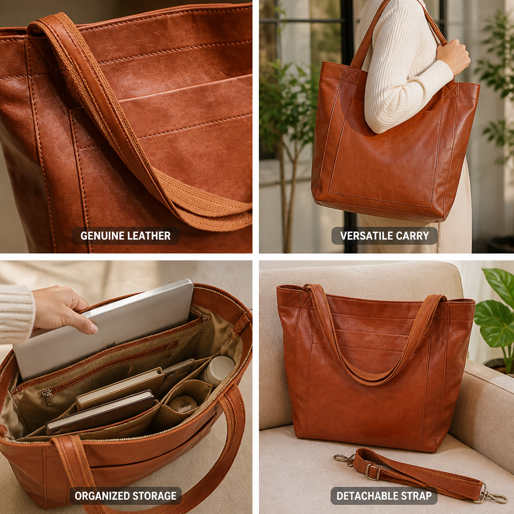 Structured Genuine Leather Tote (Detachable Strap)