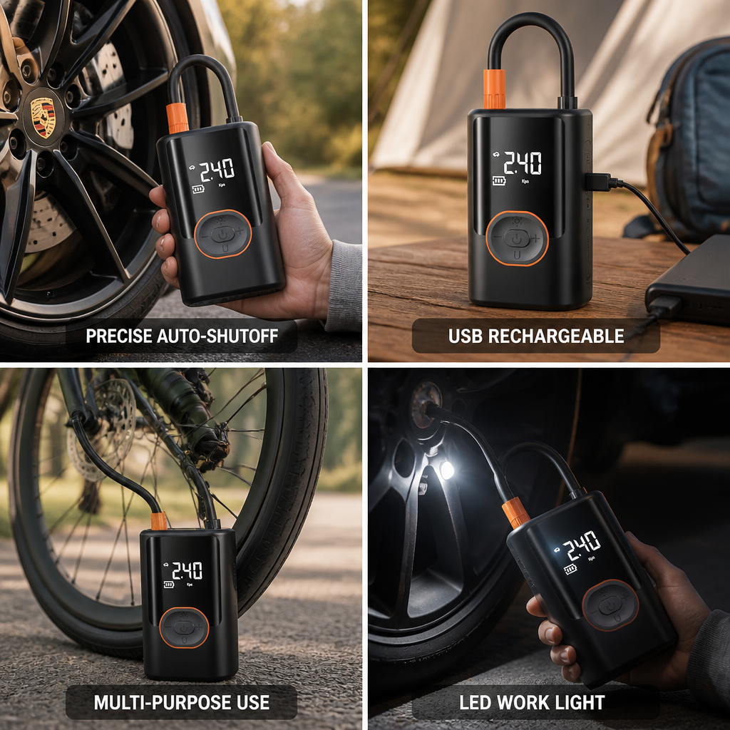 Digital LCD Auto-Shutoff USB-Rechargeable Tire Pump