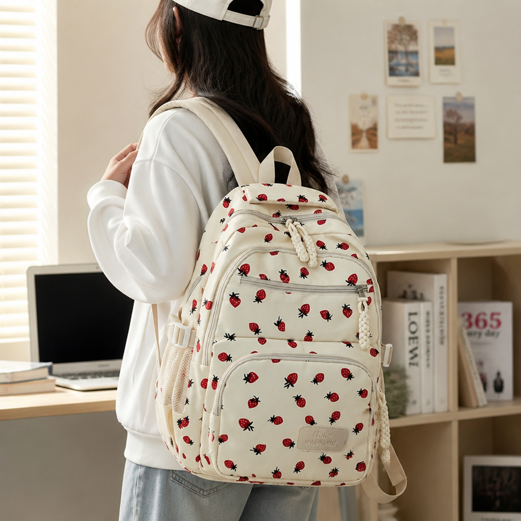 Strawberry-Print Large-Capacity Backpack