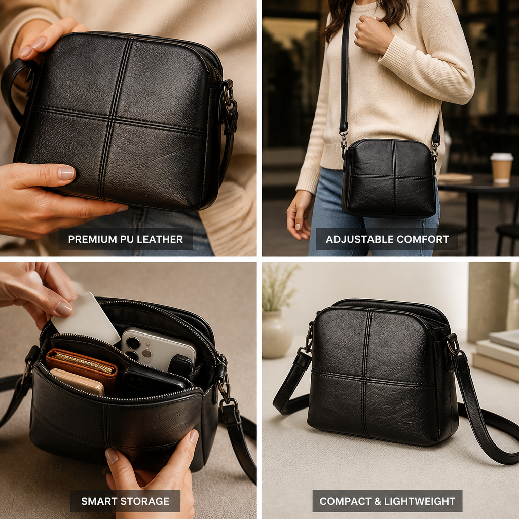 Compact Premium PU Leather Stitch-Detail Multi-Pocket Crossbody Bag