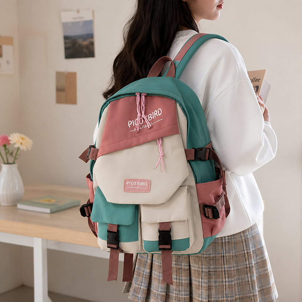 Large Capacity Color-Block Multi-Pocket School Backpack (Optional Pencil Bag + Handbag)