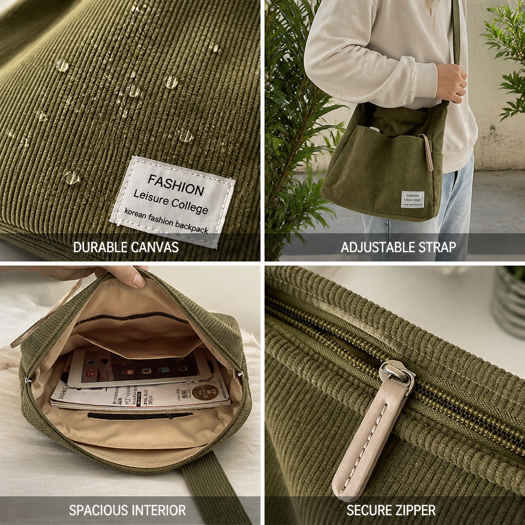Durable Canvas & Adjustable Leather Strap Crossbody Bag