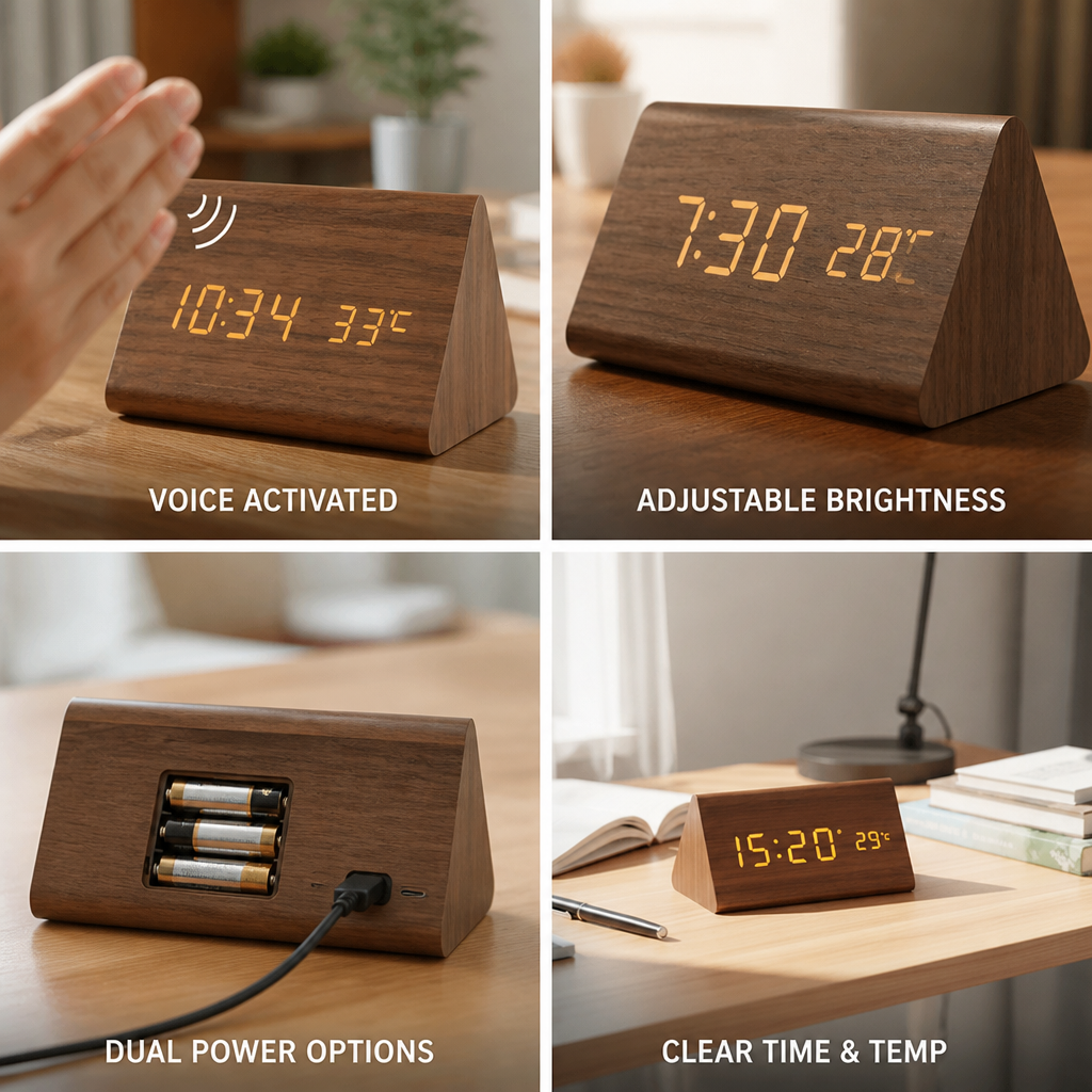 Voice-Activated Wooden LED Table Clock