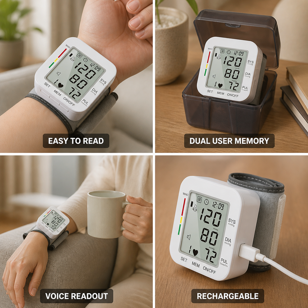 Rechargeable Large LCD Voice Readout Wrist Blood Pressure Monitor (Dual-User)