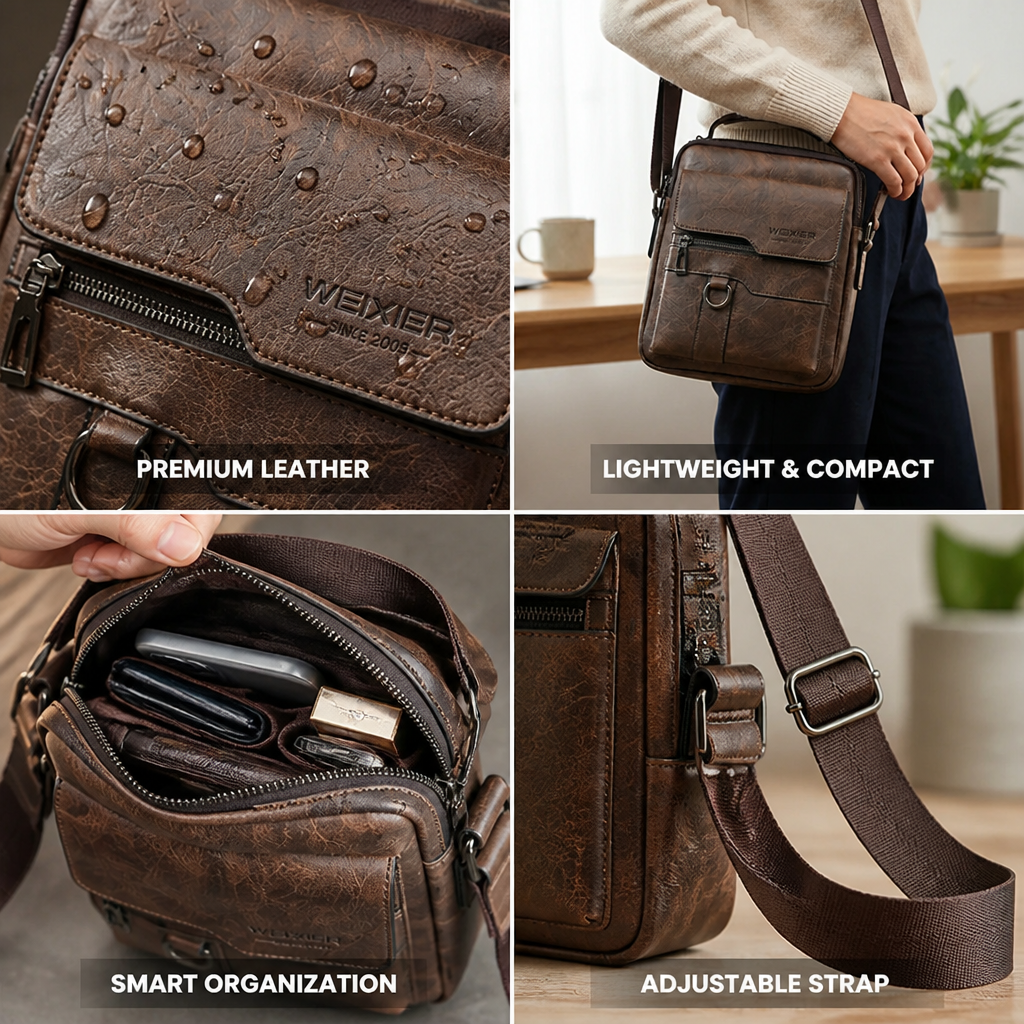 Genuine Leather Front-Pocket Crossbody Bag (Adjustable Strap)