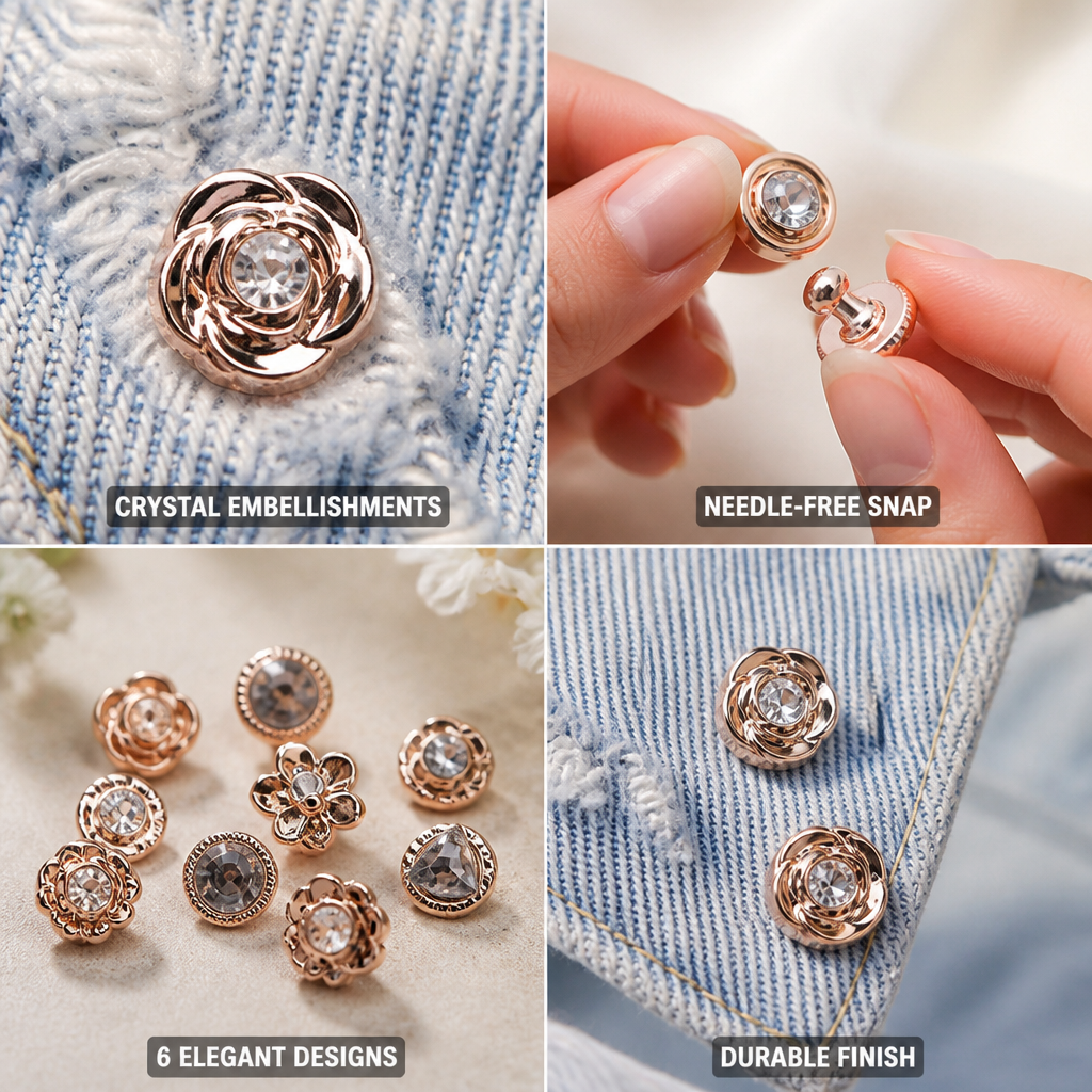 Needle-Free Rose Gold Crystal Snap Buttons (Set of 6)