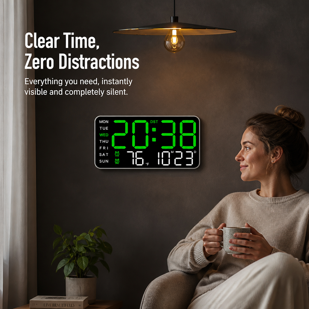 LumaVista™ — See the Day, Date, Time & Temp at a Glance, Zero Ticking