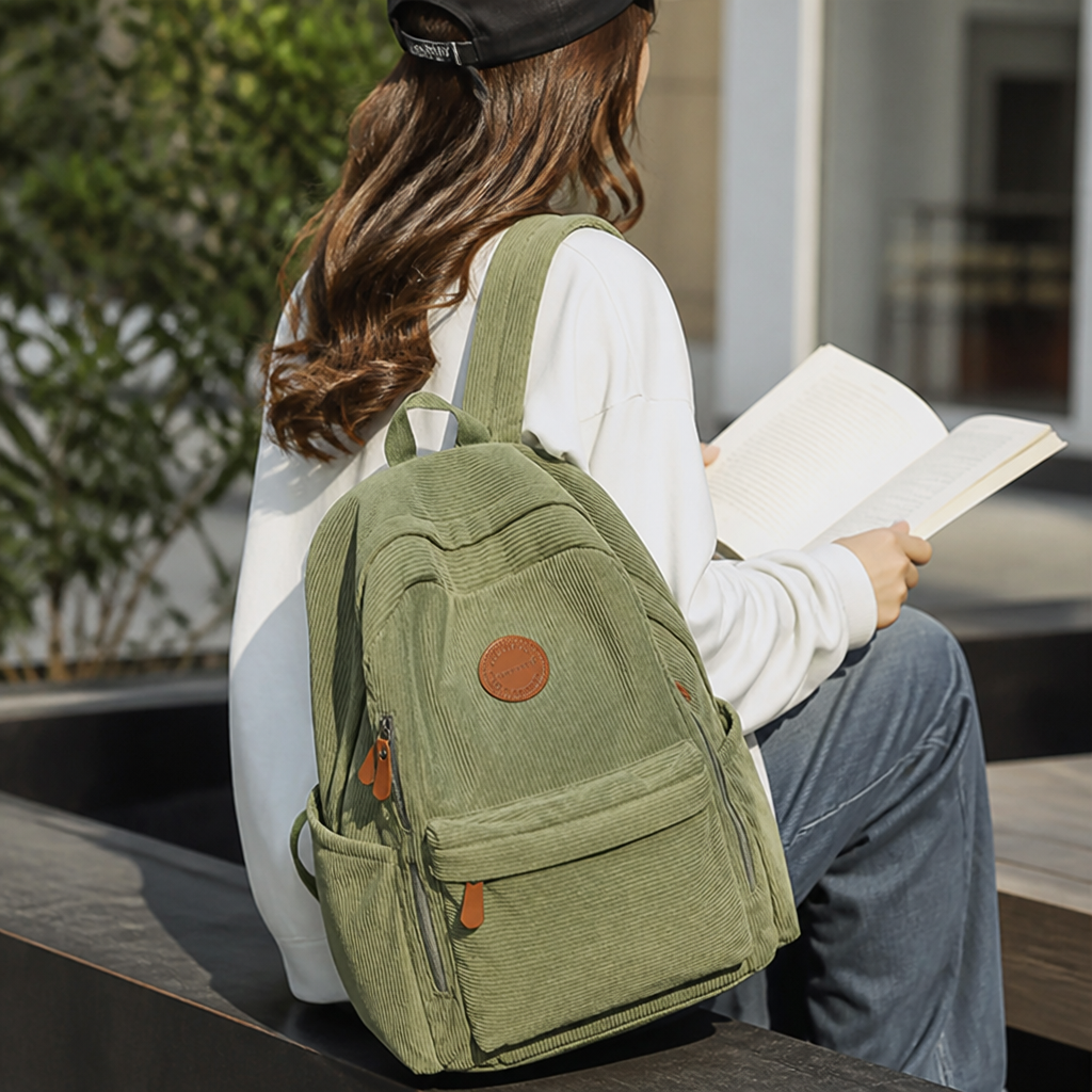 Lightweight Corduroy Multi-Pocket Backpack (Convertible Straps)